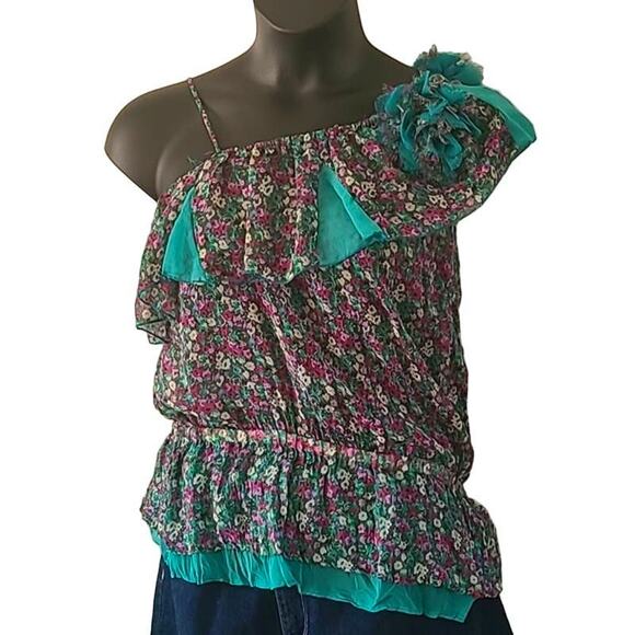 Excellent Lulumari Women’s Asymmetrical Ruffle Short Sleeve Blouse Size Large - Picture 6 of 11